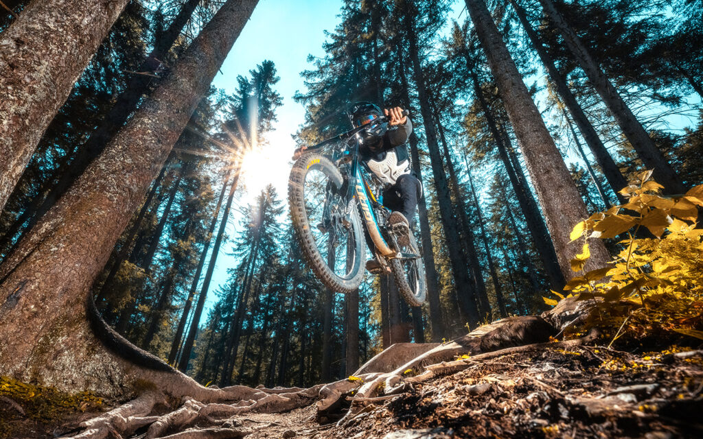 Biker macht inmitten eines Bikeparks im Wald einen Sprung mit dem Bike
