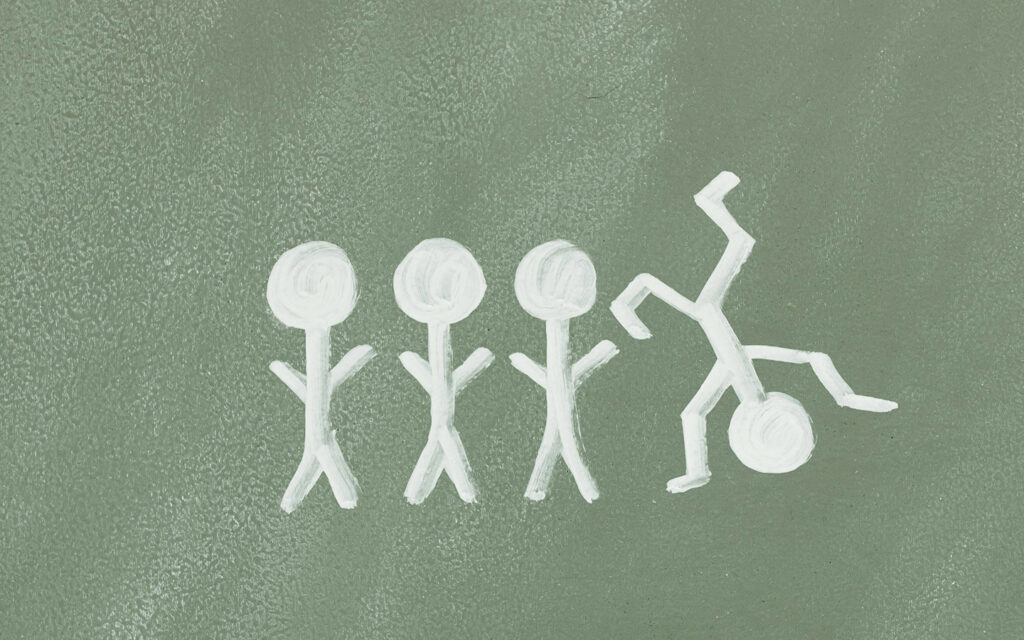 Von vier Strichmännchen, bewegt sich eines anders und tanz somit aus der Reihe