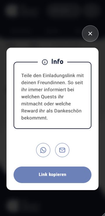 Screenshot von Screen, wo man den Link bekommt, um seine Freund*innen einzuladen.
