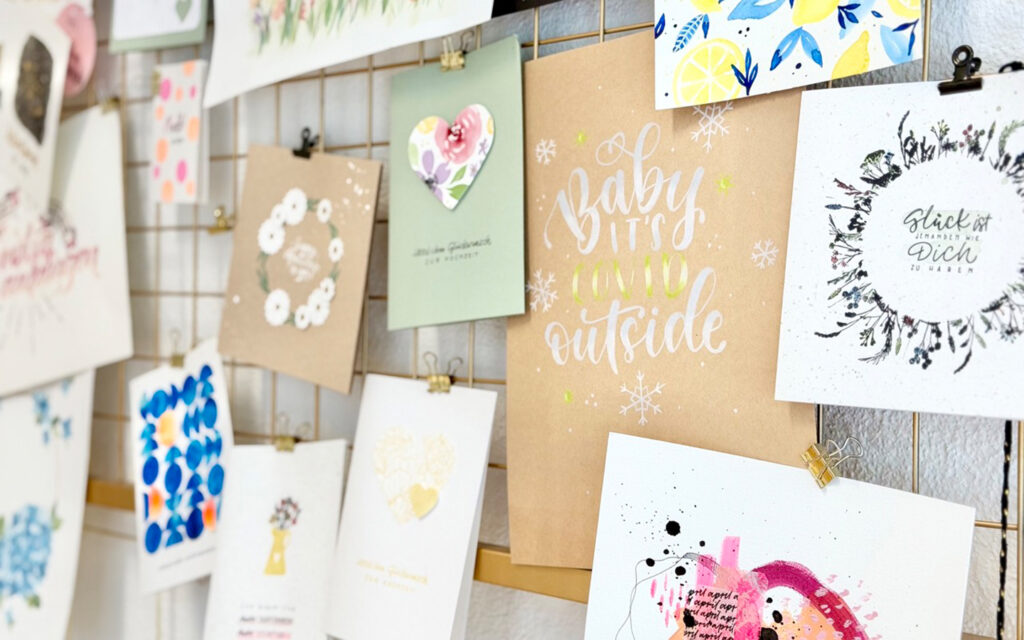 selbstgemalte Postkarten mit Handlettering